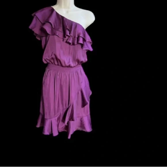White House Black Market Sz 6 Ruffled One Shoulder Purple Blouson Cocktail Dress - Picture 4 of 11